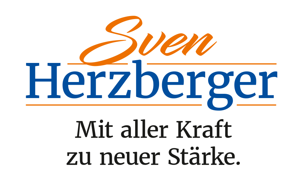 rundes Logo Sven Herzberger und Slogan: Mit aller Kraft zu neuer Stärke.